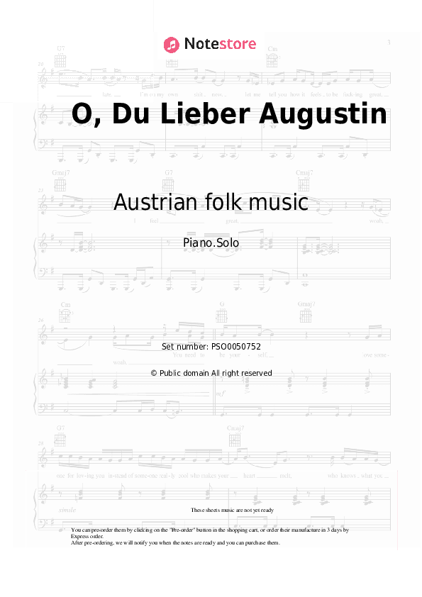 O, Du Lieber Augustin - Austrian folk music Piano Sheet Music - Piano.Solo