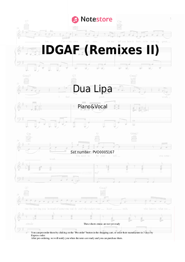 IDGAF (Remixes II) - Dua Lipa Piano Sheet Music with the Voice part - Piano&Vocal
