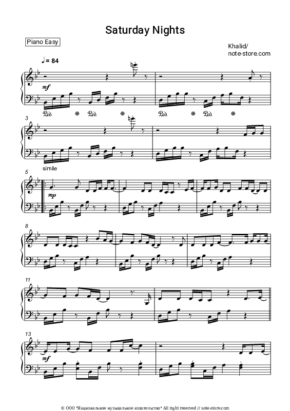 Saturday Nights - Khalid Piano Sheet Music Easy - Piano.Easy