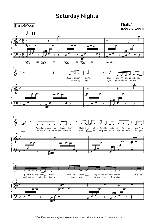 Saturday Nights - Khalid Piano Sheet Music with the Voice part - Piano&Vocal