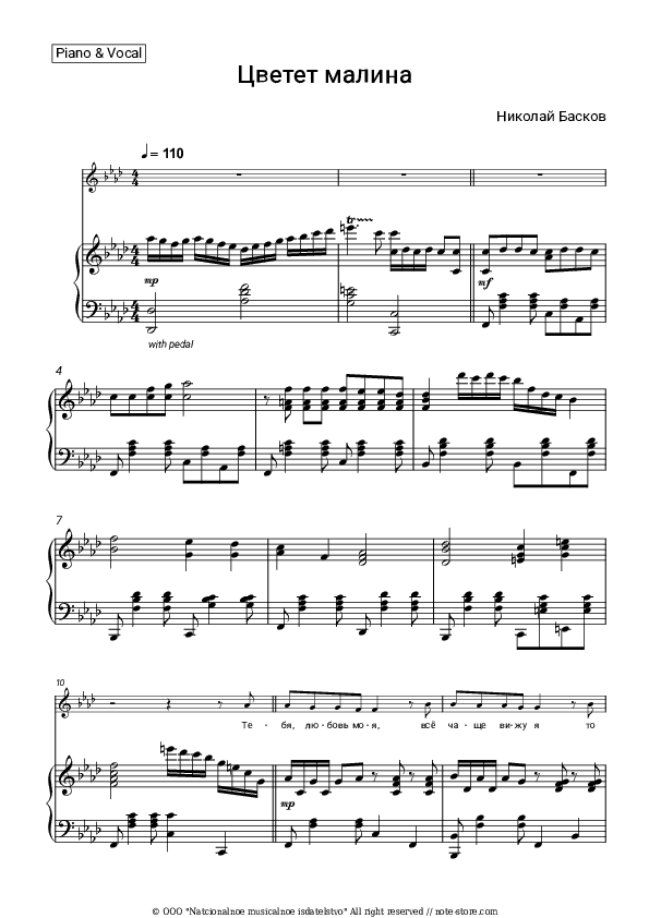 Цветет малина - Sofia Rotaru, Nikolay Baskov Piano Sheet Music with the Voice part - Piano&Vocal