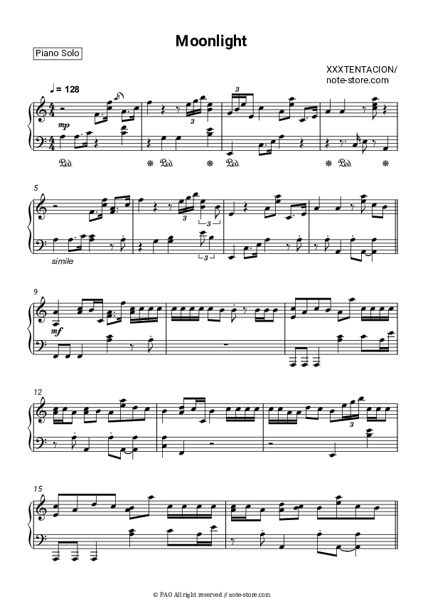 Moonlight - XXXTentacion Piano Sheet Music - Piano.Solo