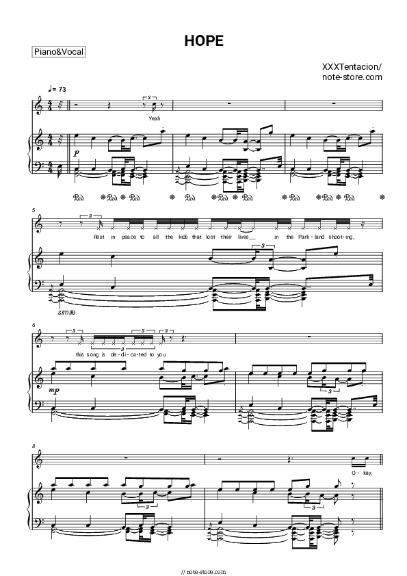 HOPE - XXXTentacion Piano Sheet Music with the Voice part - Piano&Vocal