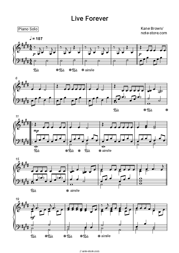 Live Forever - Kane Brown Piano Sheet Music - Piano.Solo
