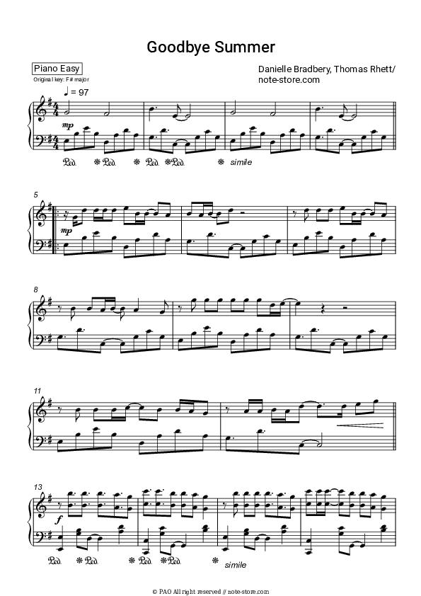 Goodbye Summer - Danielle Bradbery, Thomas Rhett Piano Sheet Music Easy - Piano.Easy
