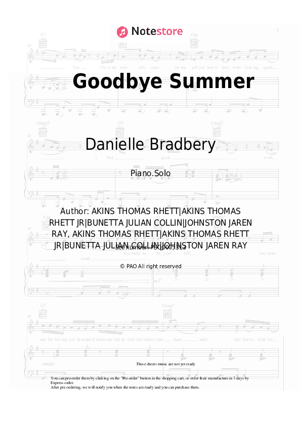 Goodbye Summer - Danielle Bradbery, Thomas Rhett Piano Sheet Music - Piano.Solo