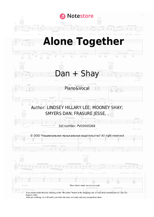 Alone Together - Dan + Shay Piano Sheet Music with the Voice part - Piano&Vocal