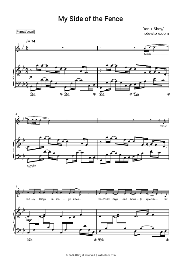 My Side Of The Fence - Dan + Shay Piano Sheet Music with the Voice part - Piano&Vocal