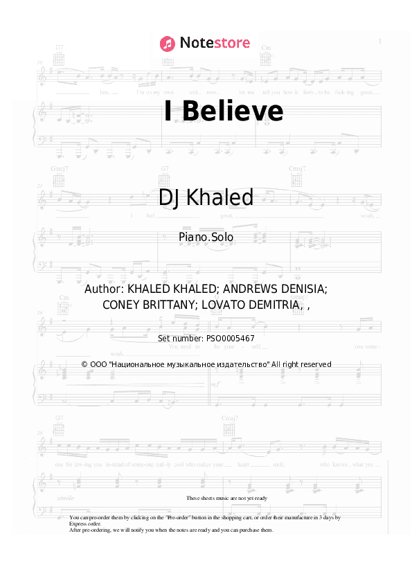 I Believe - DJ Khaled, Demi Lovato Piano Sheet Music - Piano.Solo