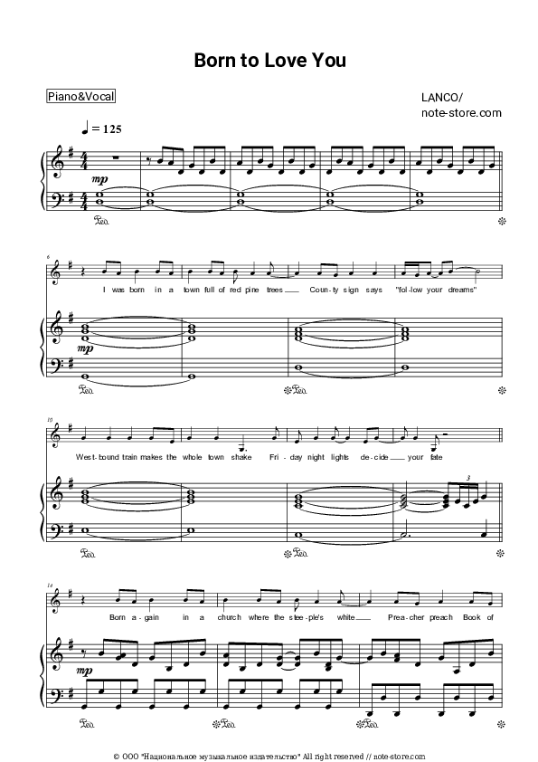 Born to Love You - LANCO Piano Sheet Music with the Voice part - Piano&Vocal