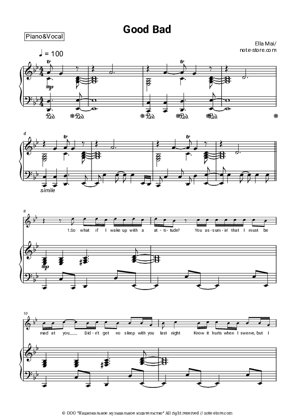 Good Bad - Ella Mai Piano Sheet Music with the Voice part - Piano&Vocal