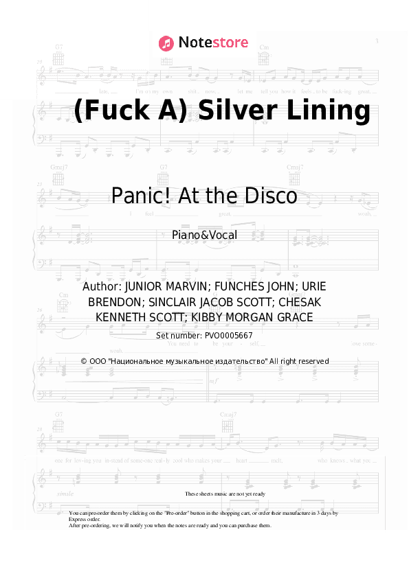 (Fuck A) Silver Lining - Panic! At the Disco Piano Sheet Music with the Voice part - Piano&Vocal