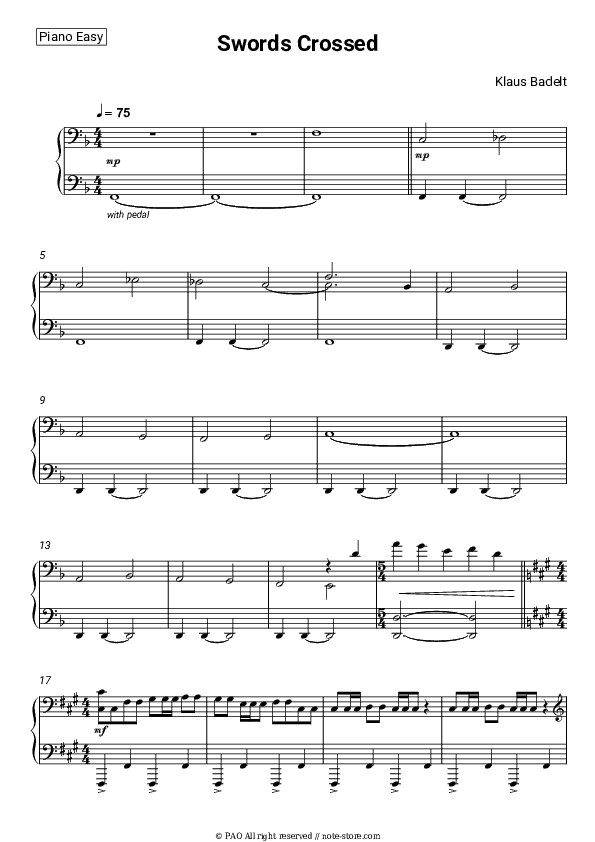 Swords Crossed - Klaus Badelt Piano Sheet Music Easy - Piano.Easy