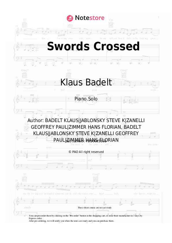 Swords Crossed - Klaus Badelt Piano Sheet Music - Piano.Solo