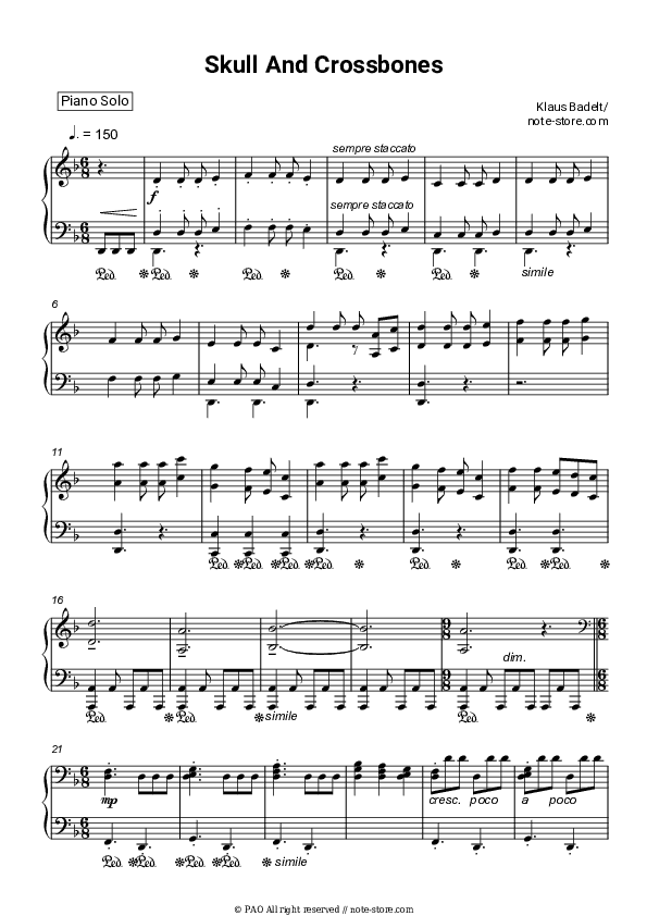 Skull And Crossbones - Klaus Badelt Piano Sheet Music - Piano.Solo