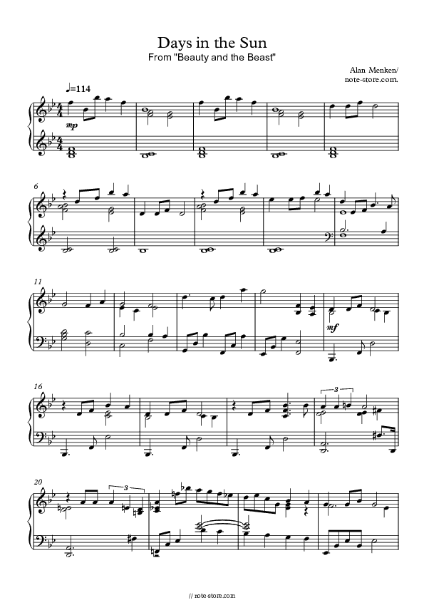Days In The Sun - Alan Menken Piano Sheet Music Easy - Piano.Easy