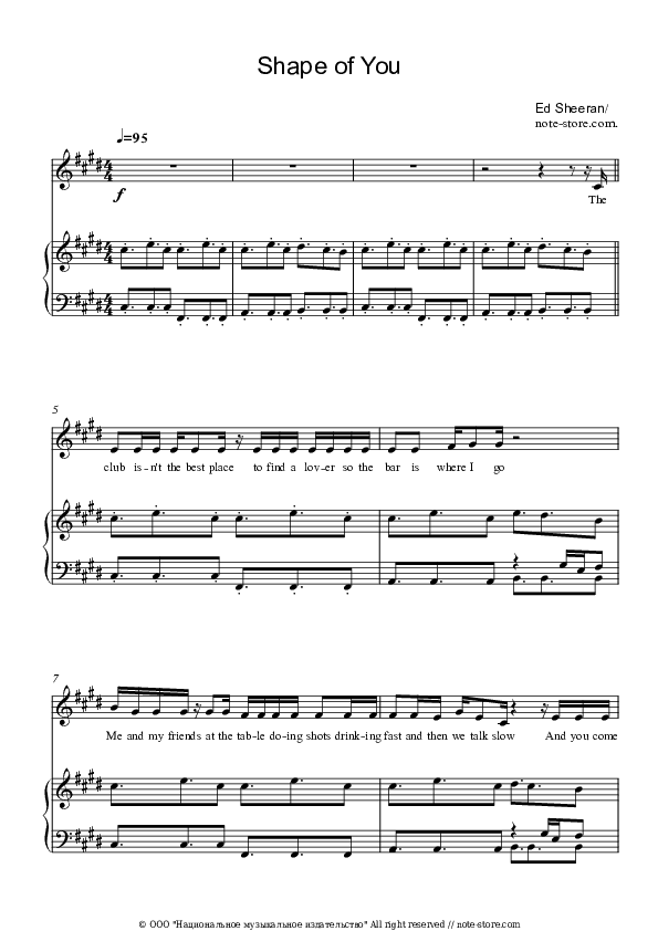 Shape of You - Ed Sheeran Piano Sheet Music with the Voice part - Piano&Vocal