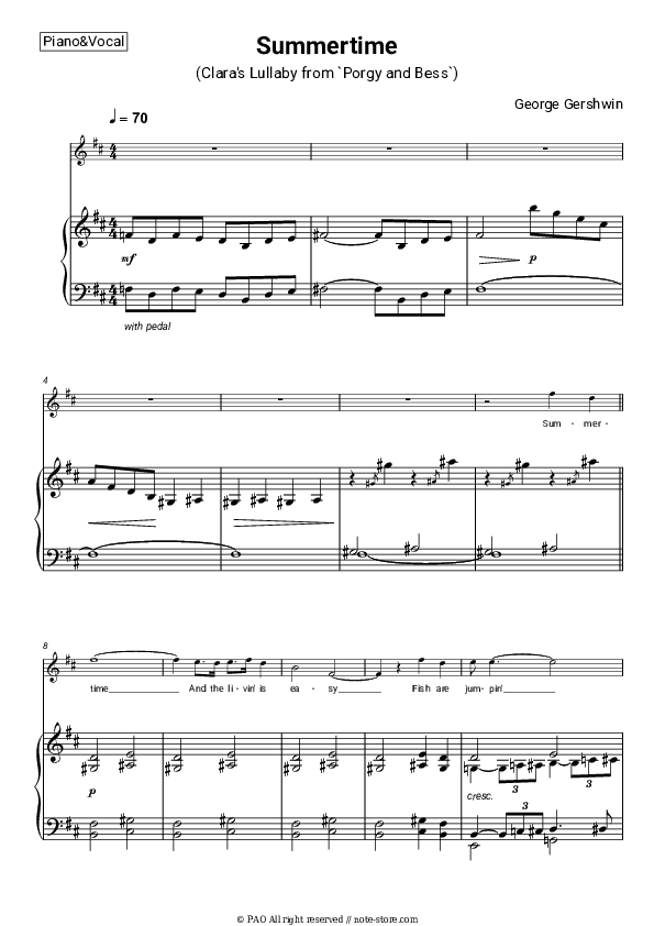 Summertime - Ella Fitzgerald Piano Sheet Music with the Voice part - Piano&Vocal