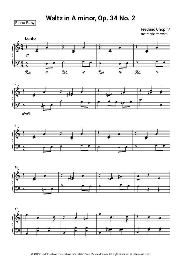 Waltz in A minor, Op. 34 No. 2 - Frederic Chopin Piano Sheet Music Easy - Piano.Easy