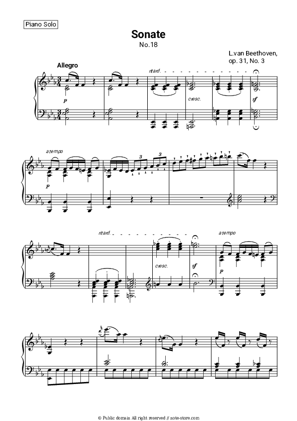 Piano Sonata No. 18 in E♭ major, Op. 31, No. 3 - Ludwig van Beethoven Piano Sheet Music - Piano.Solo