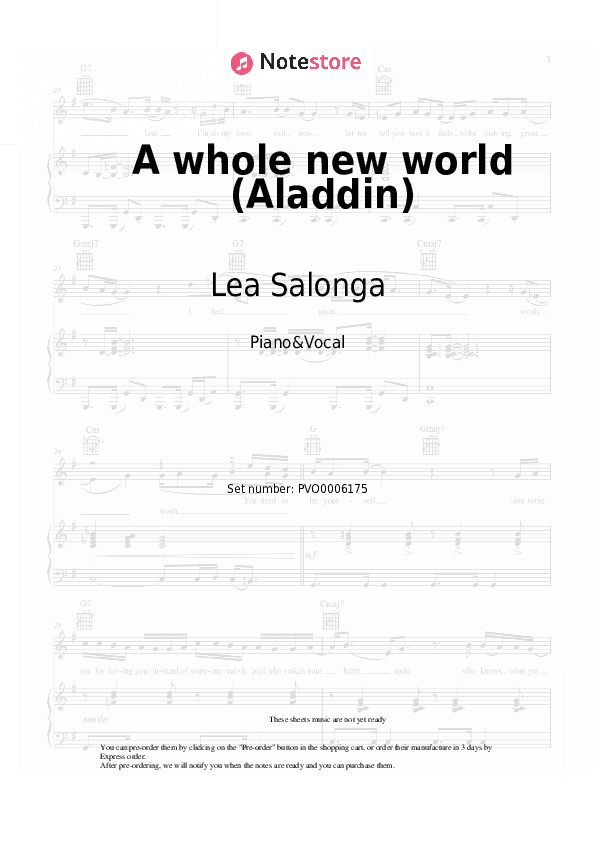 A whole new world (Aladdin) - Lea Salonga, Brad Kane, Alan Menken Piano Sheet Music with the Voice part - Piano&Vocal