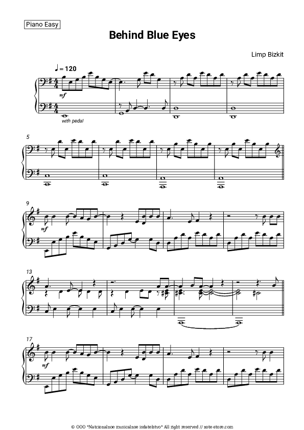 Behind Blue Eyes - Limp Bizkit Piano Sheet Music Easy - Piano.Easy