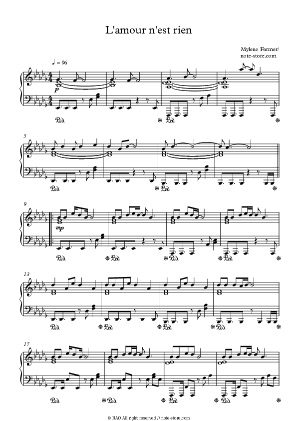 L'amour n'est rien... - Mylène Farmer Piano Sheet Music - Piano.Solo