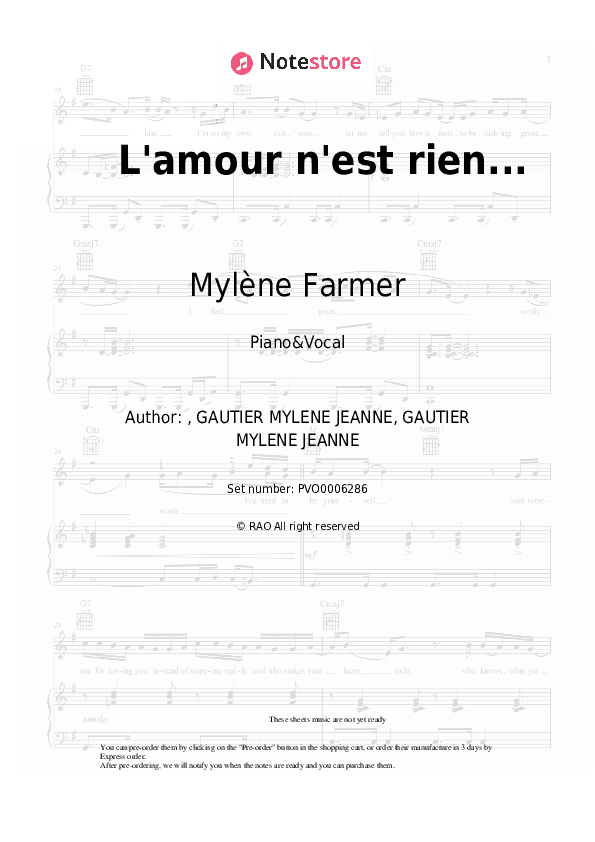 L'amour n'est rien... - Mylène Farmer Piano Sheet Music with the Voice part - Piano&Vocal