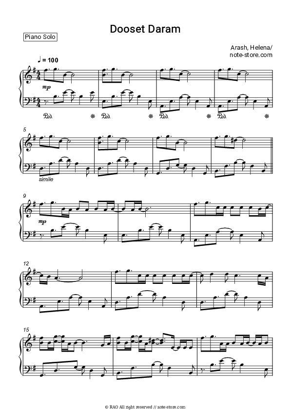 Dooset Daram - Arash, Helena Piano Sheet Music - Piano.Solo