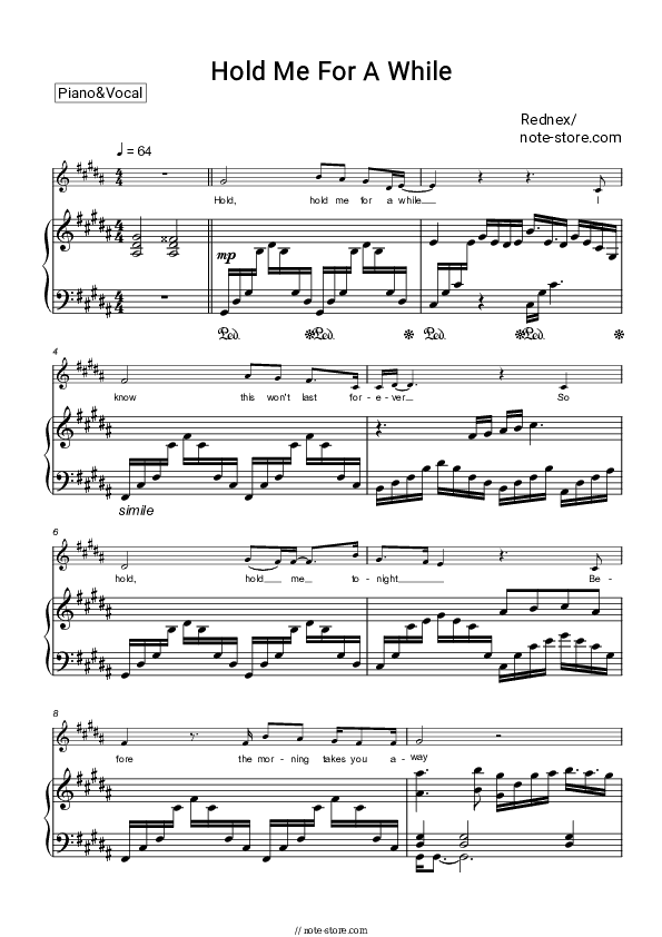 Hold Me For A While - Rednex Piano Sheet Music with the Voice part - Piano&Vocal