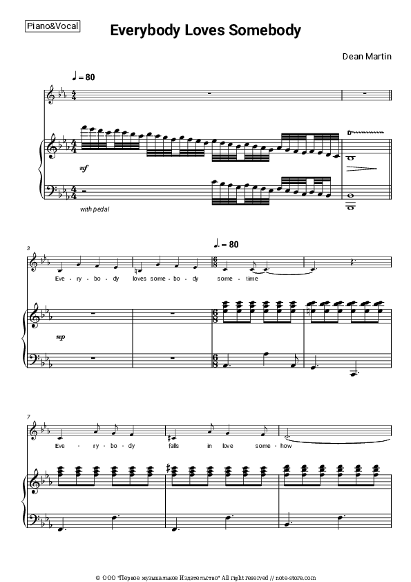 Everybody Loves Somebody - Dean Martin Piano Sheet Music with the Voice part - Piano&Vocal