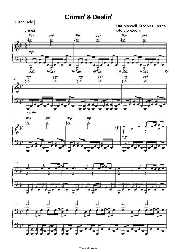 Crimin' & Dealin' - Clint Mansell, Kronos Quartet Piano Sheet Music - Piano.Solo