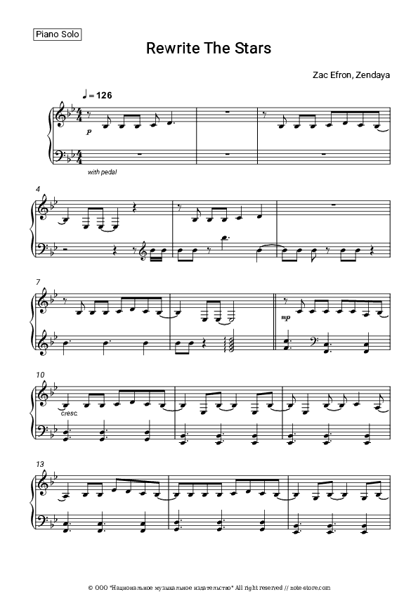 Rewrite The Stars - Zac Efron, Zendaya Piano Sheet Music - Piano.Solo