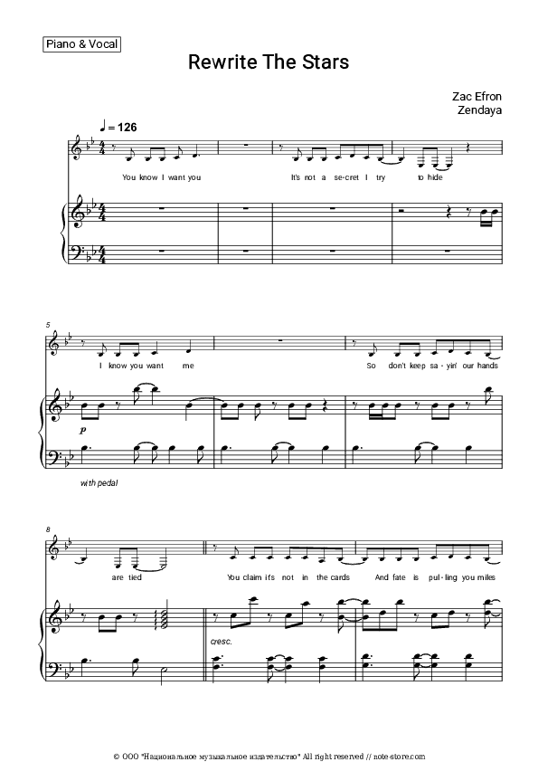 Rewrite The Stars - Zac Efron, Zendaya Piano Sheet Music with the Voice part - Piano&Vocal