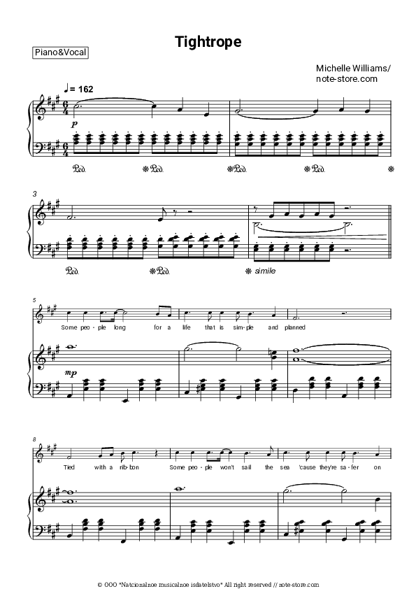 Tightrope - Michelle Williams Piano Sheet Music with the Voice part - Piano&Vocal