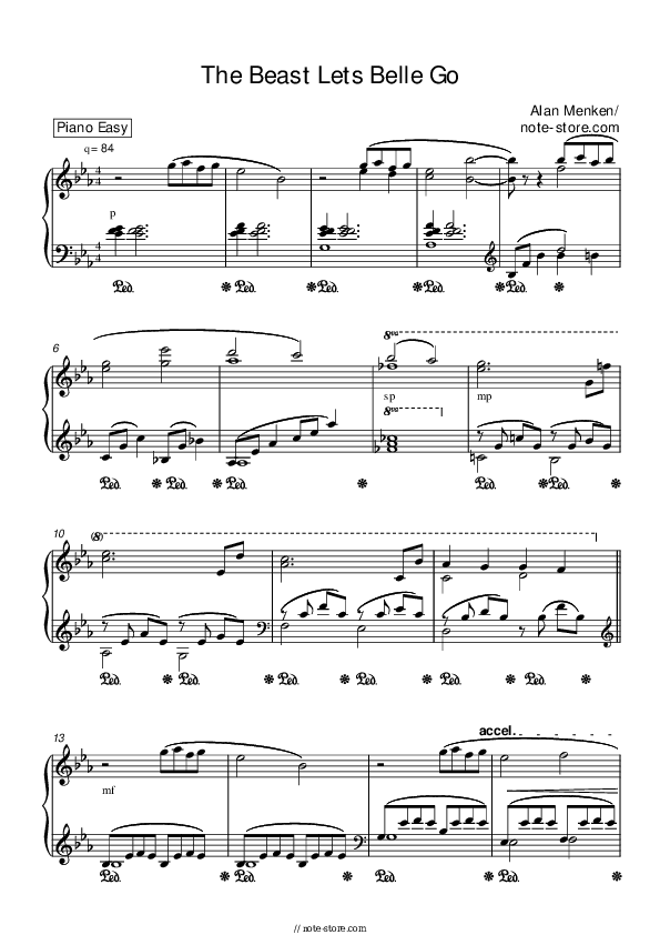 The Beast Lets Belle Go - Alan Menken Piano Sheet Music Easy - Piano.Easy