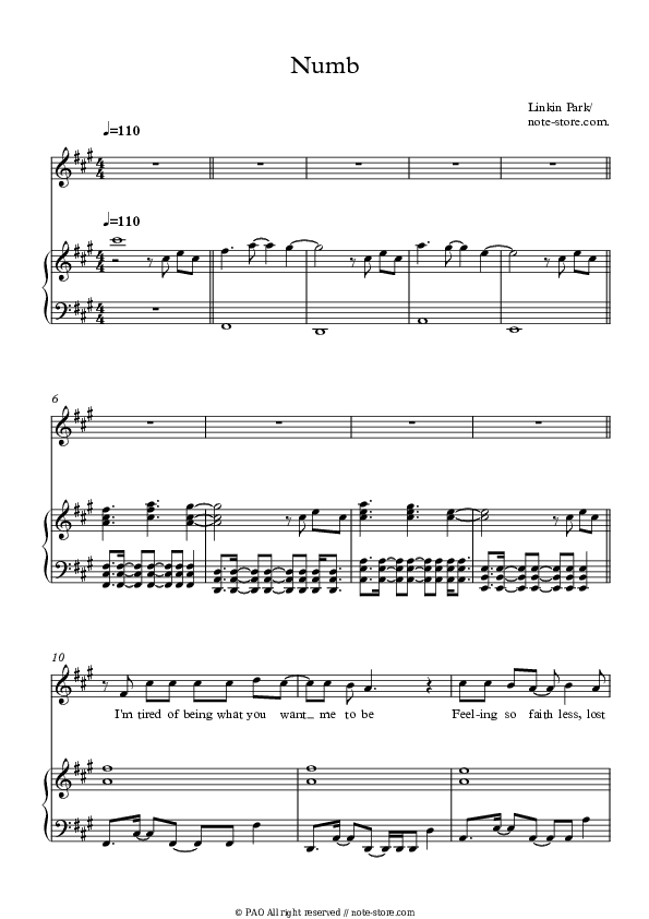 Numb - Linkin Park Piano Sheet Music with the Voice part - Piano&Vocal