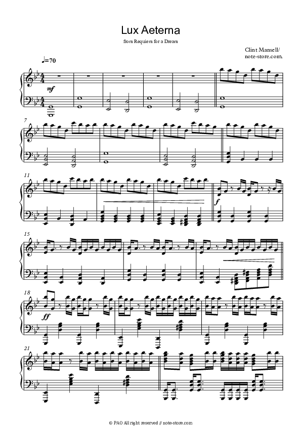 Winter: Lux Aeterna (Requiem for a Dream) - Clint Mansell Piano Sheet Music - Piano.Solo