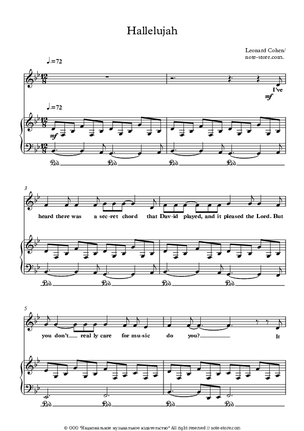 Hallelujah - Leonard Cohen Piano Sheet Music with the Voice part - Piano&Vocal