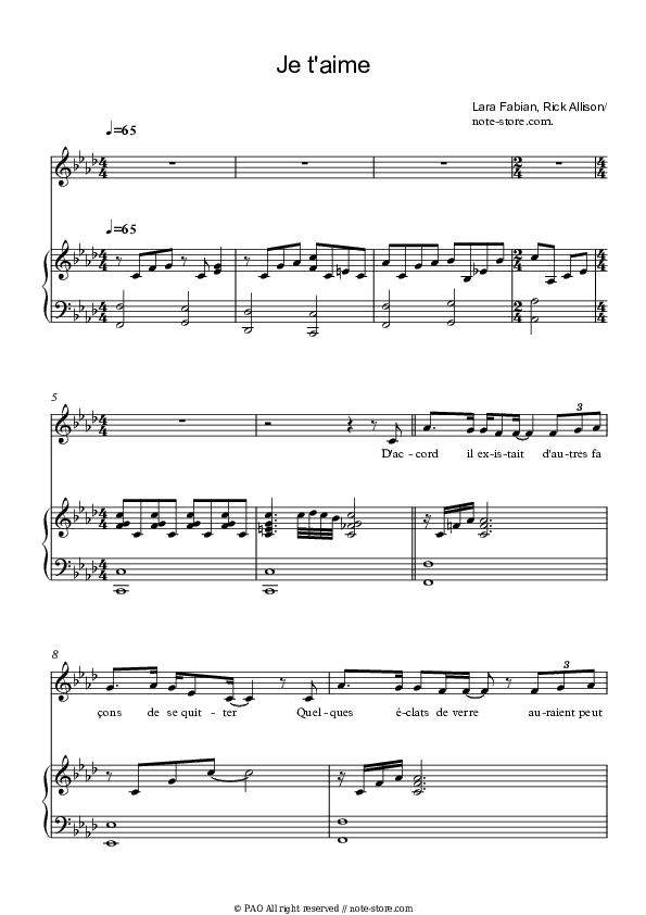 Je T'aime - Lara Fabian Piano Sheet Music with the Voice part - Piano&Vocal