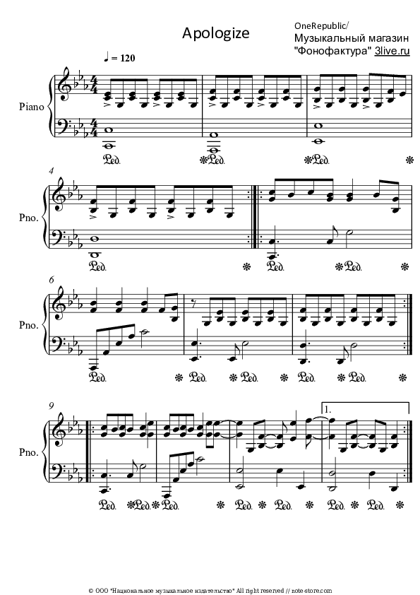Apologize - OneRepublic Piano Sheet Music - Piano.Solo