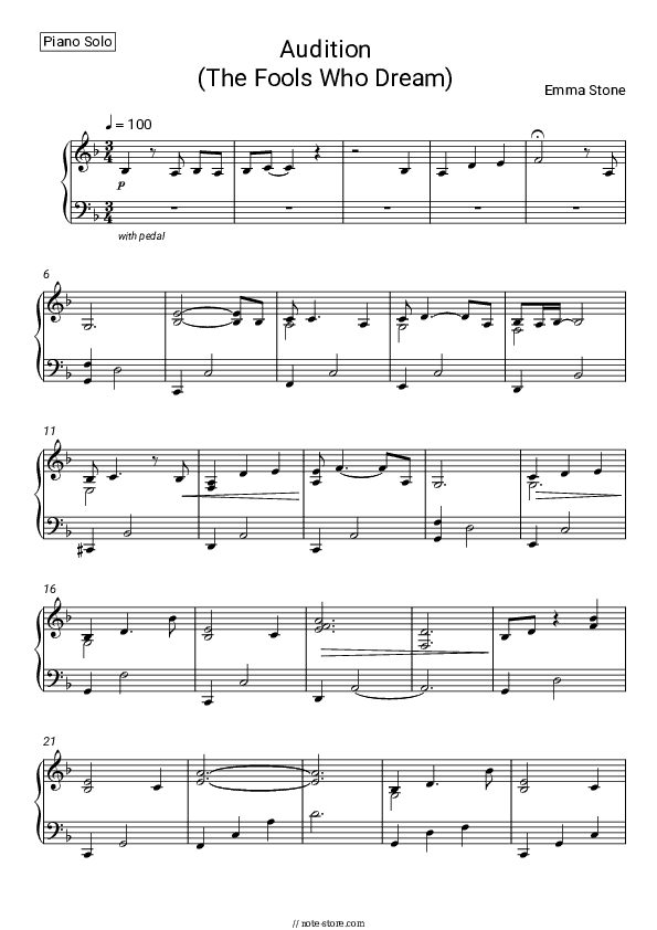 Audition (The Fools Who Dream) - Emma Stone Piano Sheet Music - Piano.Solo