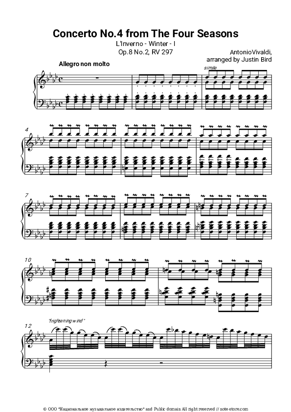 4 Seasons. Winter, movement 1: Allegro non molto - Antonio Vivaldi Piano Sheet Music - Piano.Solo