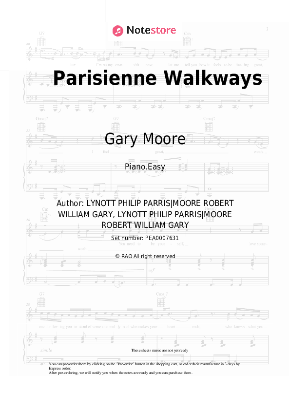 Parisienne Walkways - Gary Moore Piano Sheet Music Easy - Piano.Easy