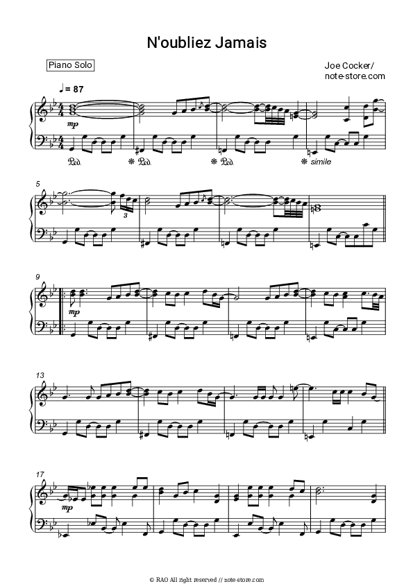 N’oubliez jamais - Joe Cocker Piano Sheet Music - Piano.Solo