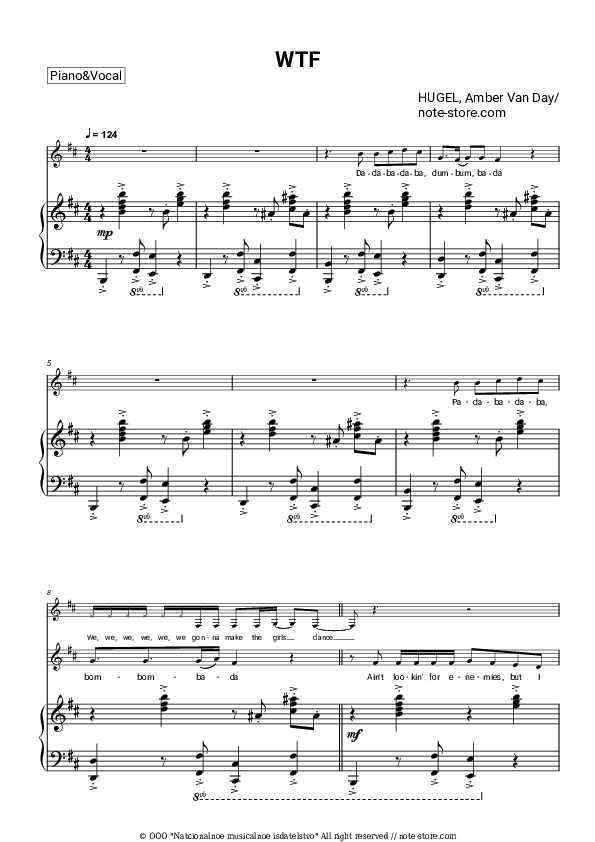 WTF - HUGEL, Amber Van Day Piano Sheet Music with the Voice part - Piano&Vocal