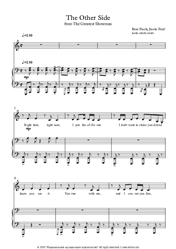 The Other Side - Hugh Jackman, Zac Efron Piano Sheet Music with the Voice part - Piano&Vocal