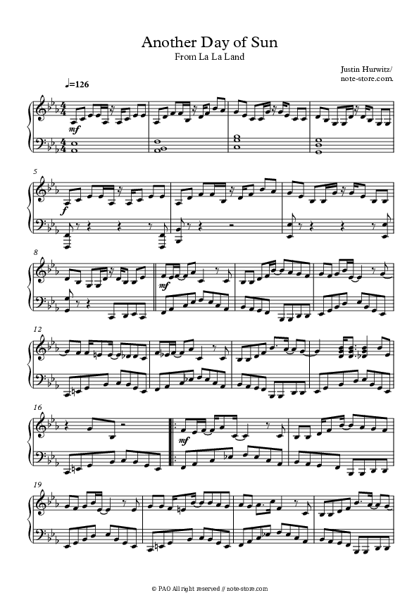 Another Day Of Sun - La La Land Cast Piano Sheet Music Easy - Piano.Easy