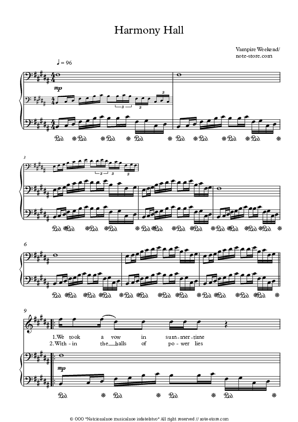 Harmony Hall - Vampire Weekend Piano Sheet Music with the Voice part - Piano&Vocal