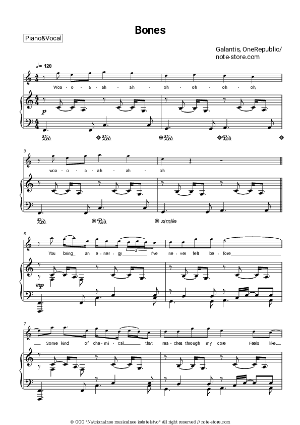 Bones - Galantis, OneRepublic Piano Sheet Music with the Voice part - Piano&Vocal